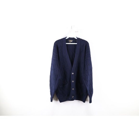 Vintage 80s Brooks Brothers 44 Chunky Cotton Cable Knit Cardigan Sweater Navy